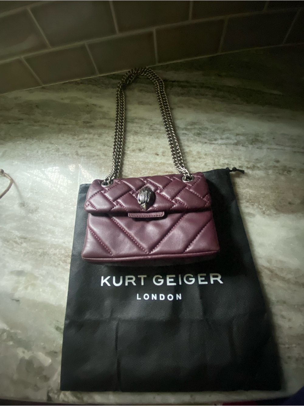 Kurt Geiger Quilted Crossbody Bag in Plum with Silver Chain